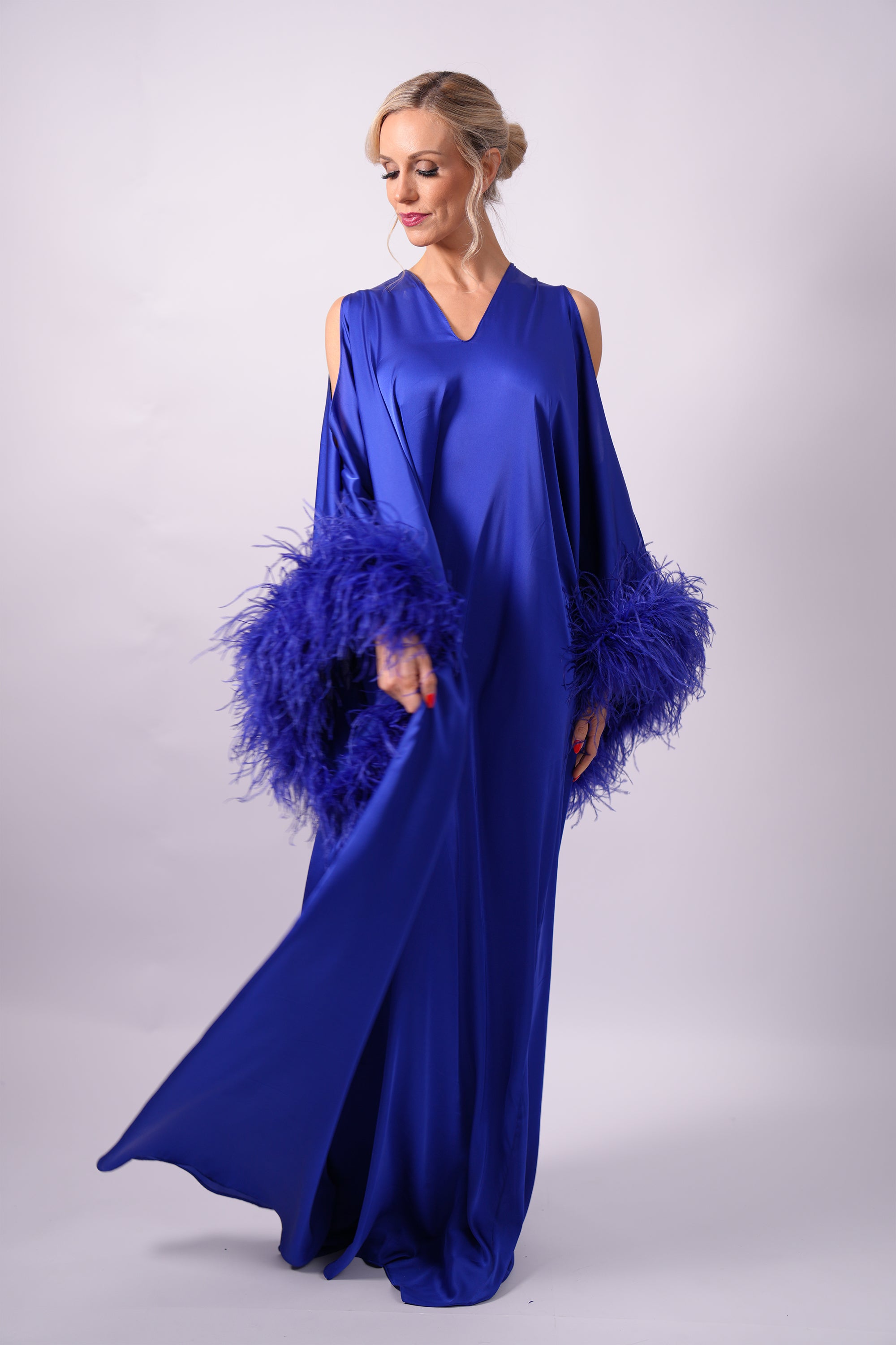 Cobalt Blue Silk Feather Kaftan Gown
