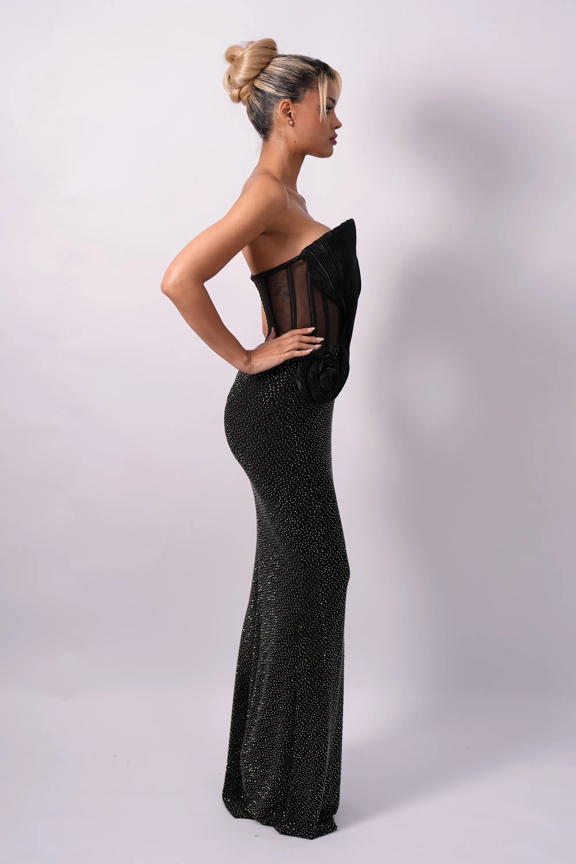 Black Crystal Mermaid Gowns with Sculptural Roses