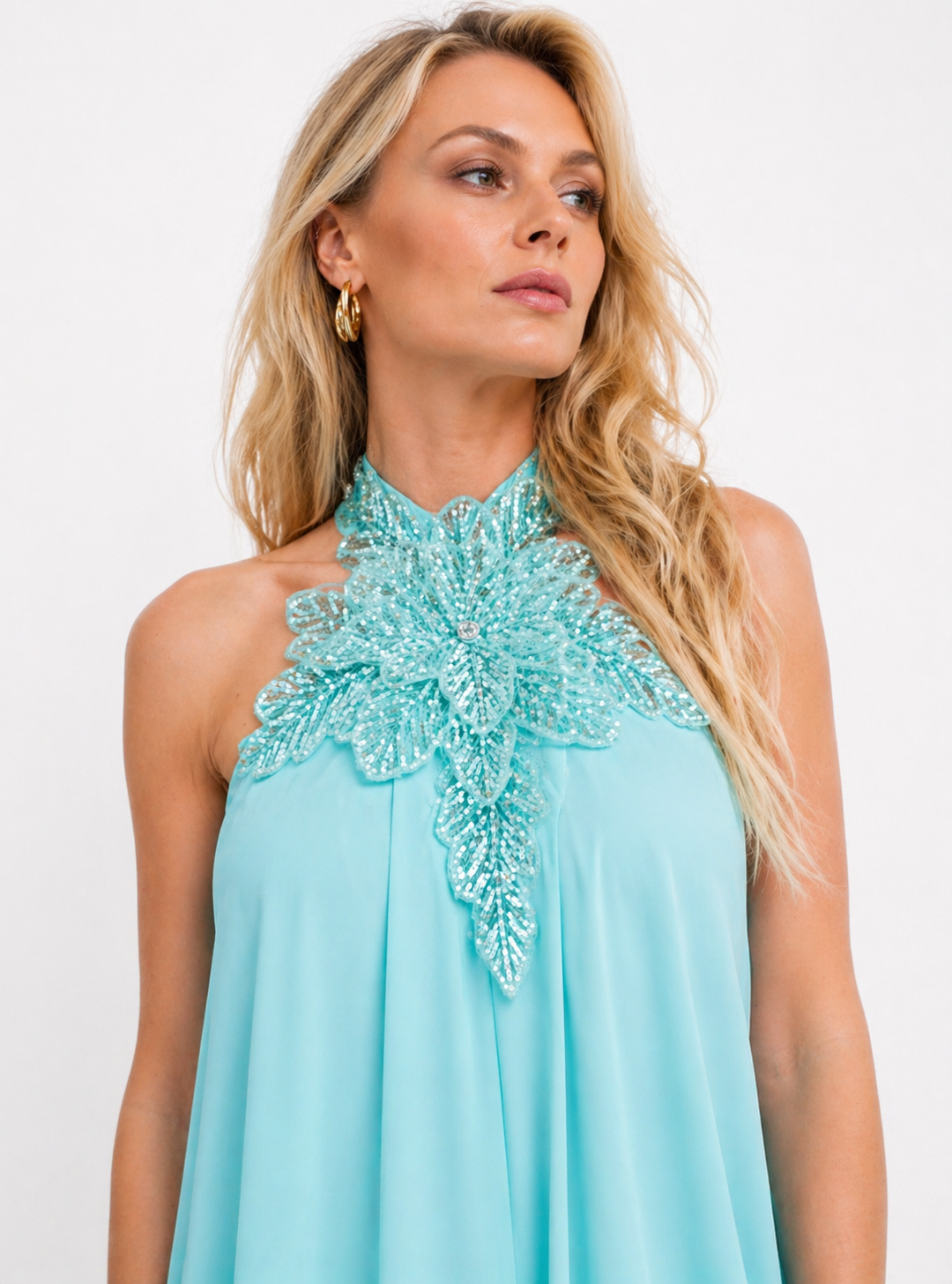 Aqua crepe resort dress with embellished neckline - Baccio Couture