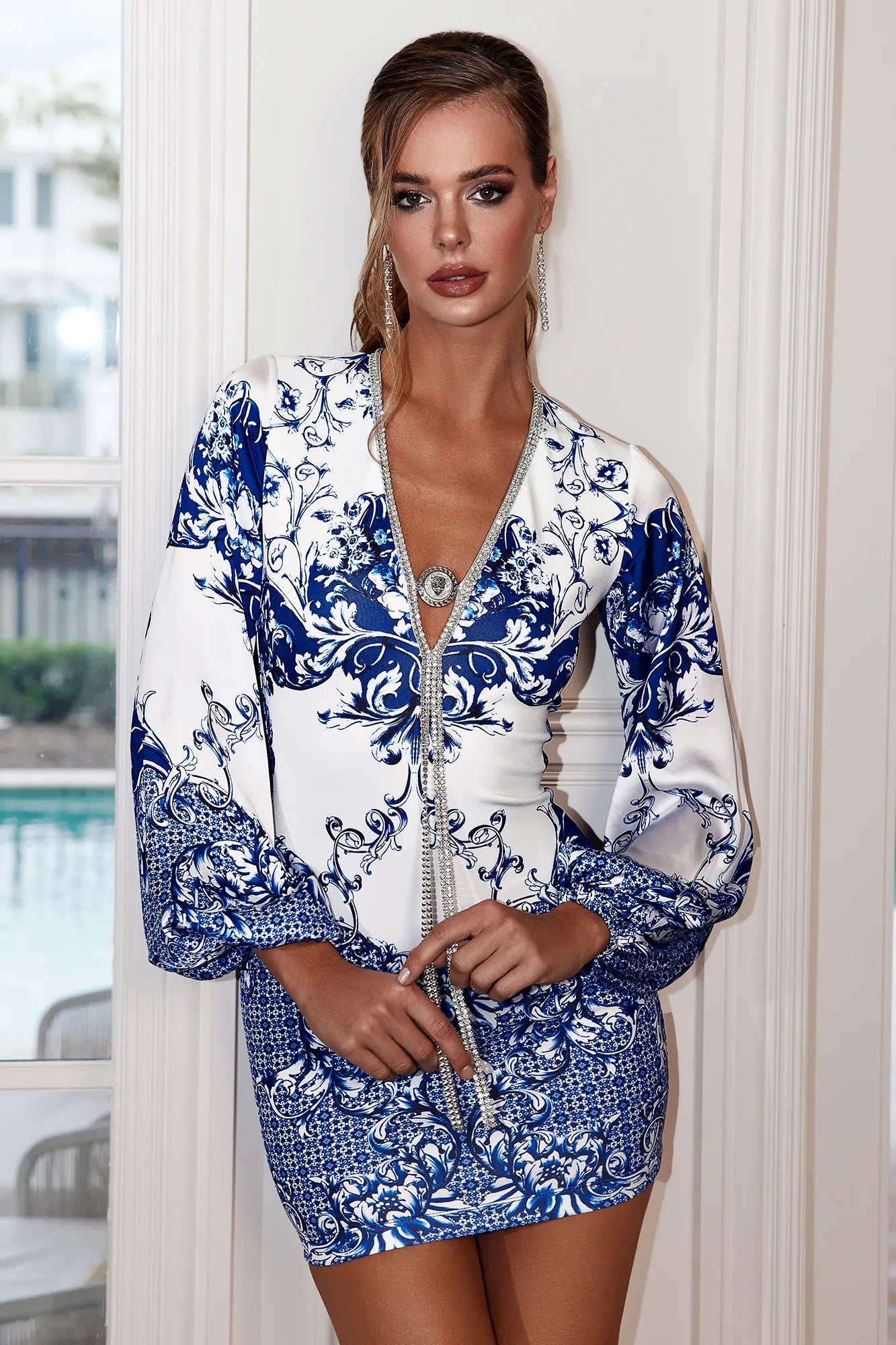 royal blue and white floral dress Angelina long sleeve flowers scuba Cocktail party Designed by DJM in Men's Luxury Gold Embroidery Size:US 13.5