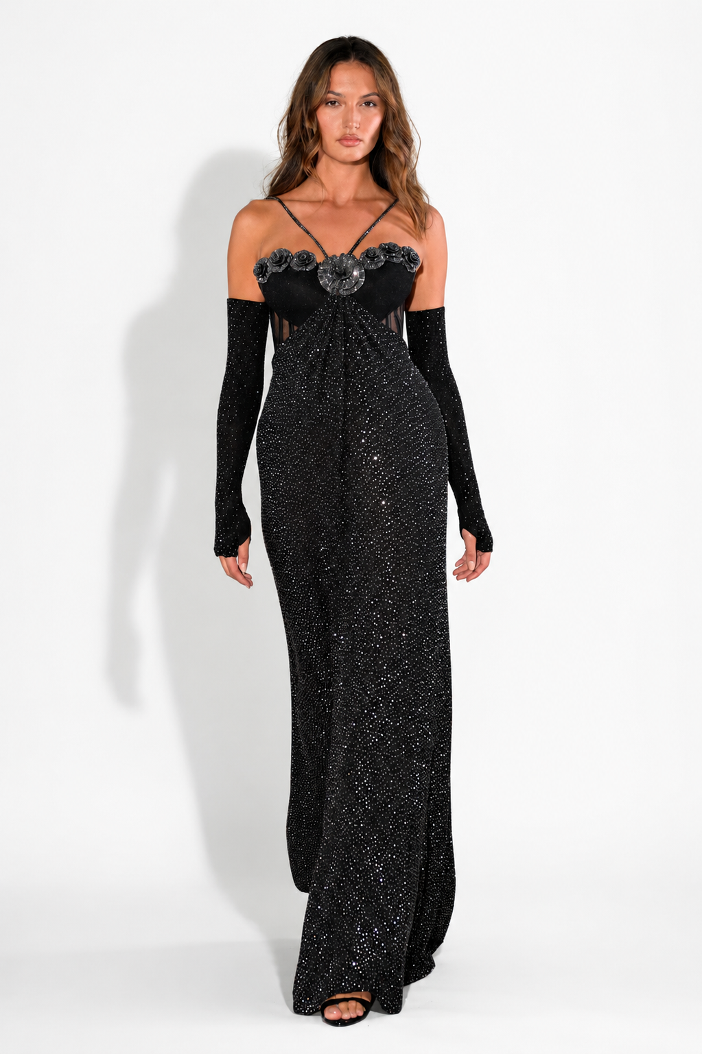 Black Crystal metallic Gown with Hand /Embellished flowers