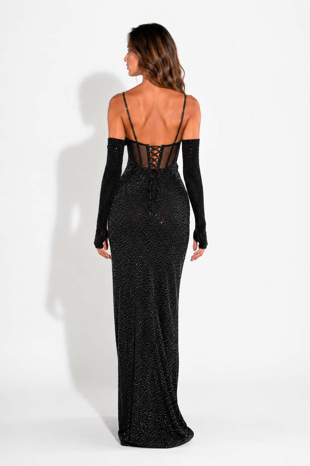 Black Crystal metallic Gown with Hand /Embellished flowers