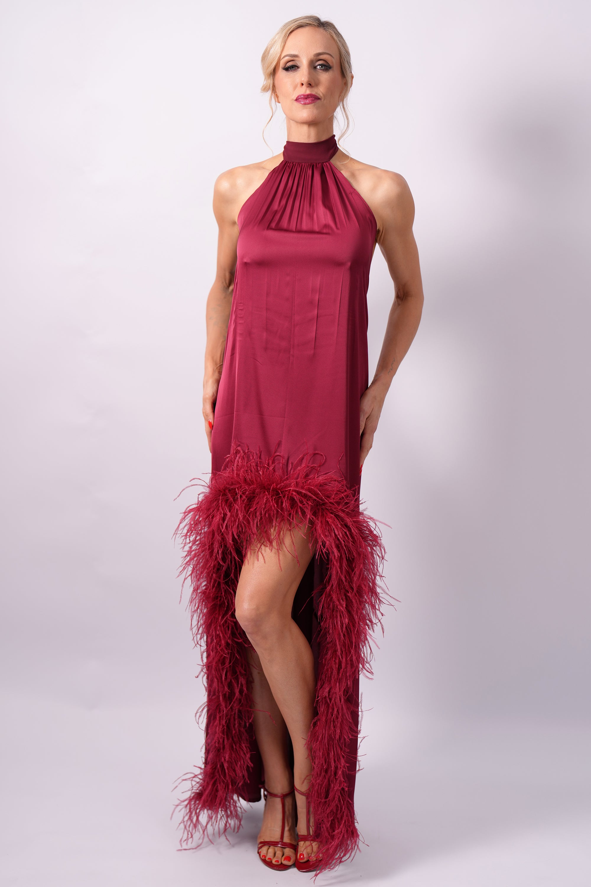Valentina Burgundy Silk Feather Dress