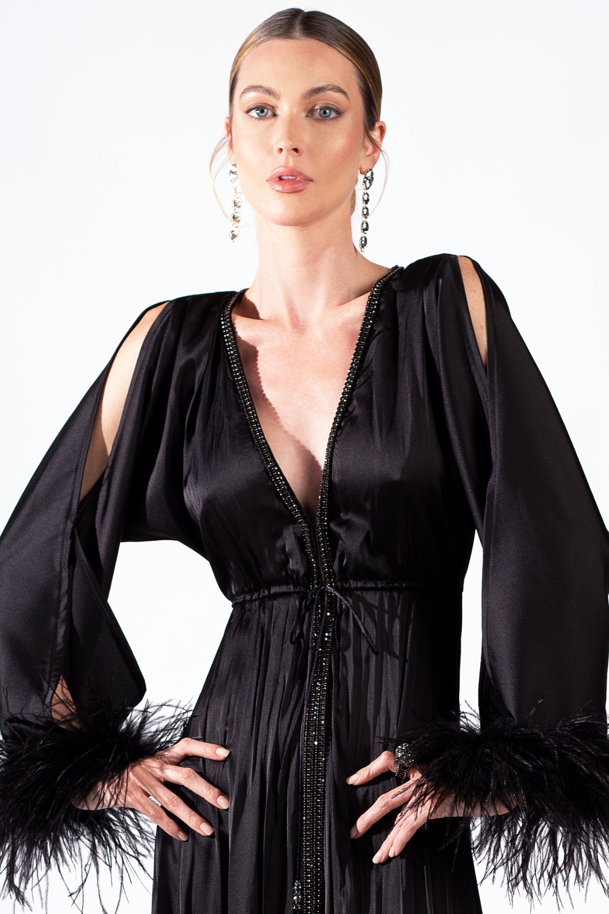 Cher Black Silk Feather - Long Dress - BACCIO by Altamirano