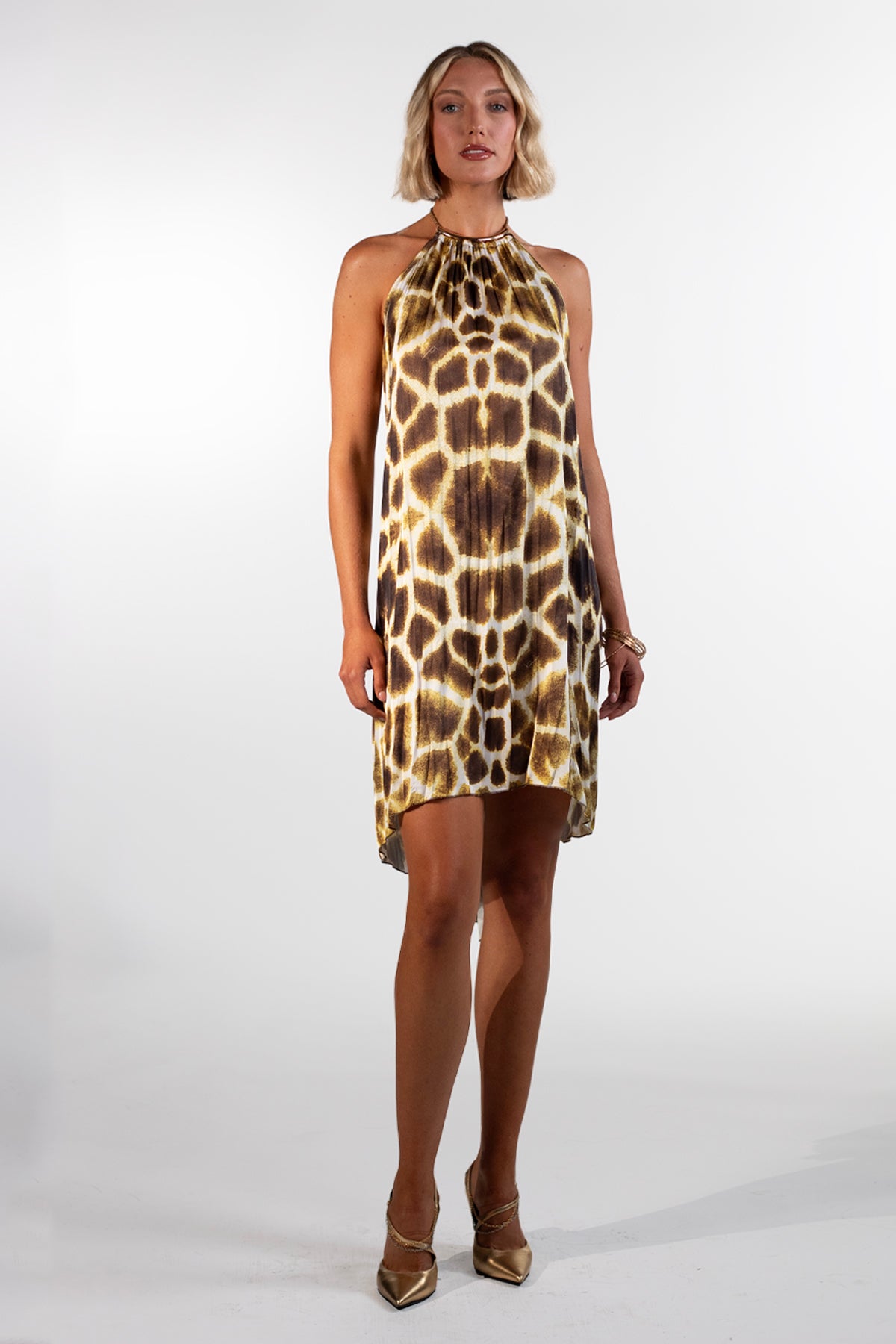 Alessa Yellow Asymmetrical Giraffe Print Short Dress - BACCIO by Altamirano