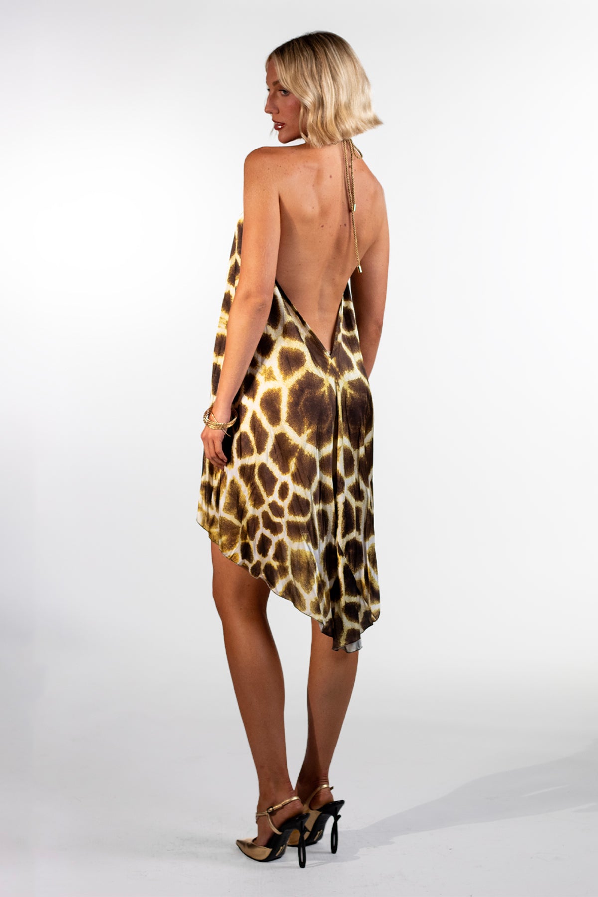 Alessa Yellow Asymmetrical Giraffe Print Short Dress - BACCIO by Altamirano