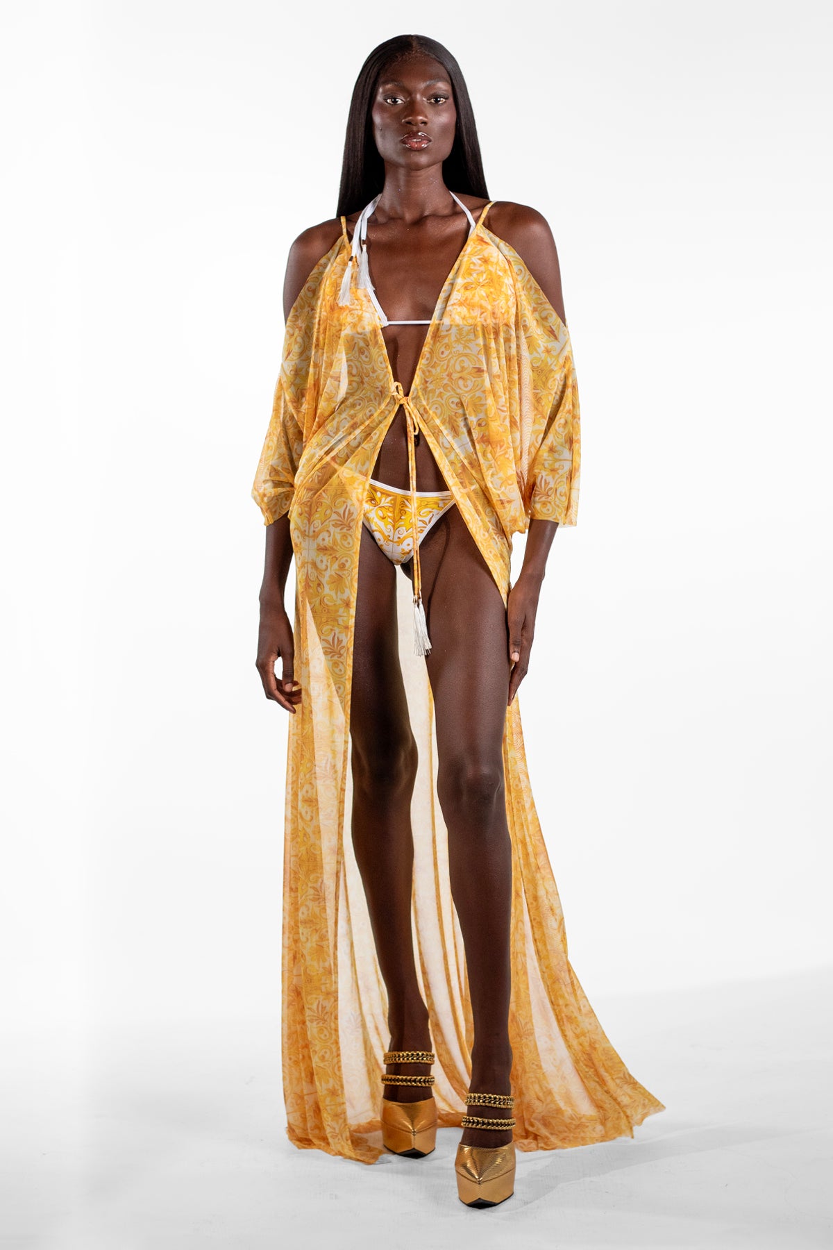 Buda Yellow Batwing Mosaic Print Long Cover-Up - BACCIO by Altamirano