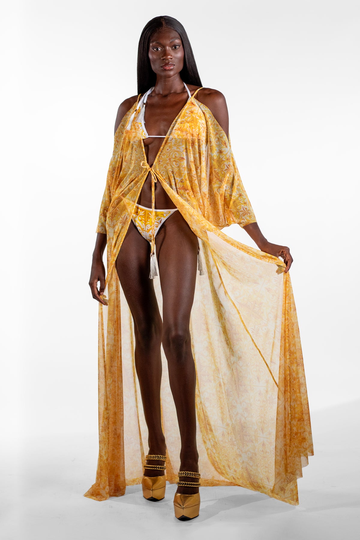 Buda Yellow Batwing Mosaic Print Long Cover-Up - BACCIO by Altamirano