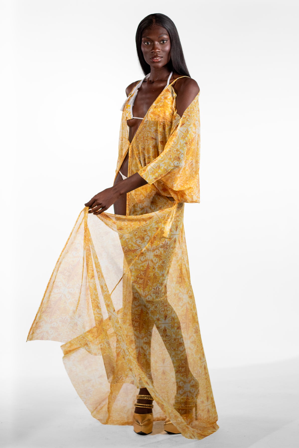 Buda Yellow Batwing Mosaic Print Long Cover-Up - BACCIO by Altamirano