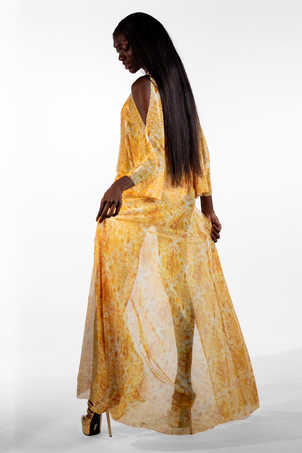 Buda Yellow Batwing Mosaic Print Long Cover-Up - BACCIO by Altamirano