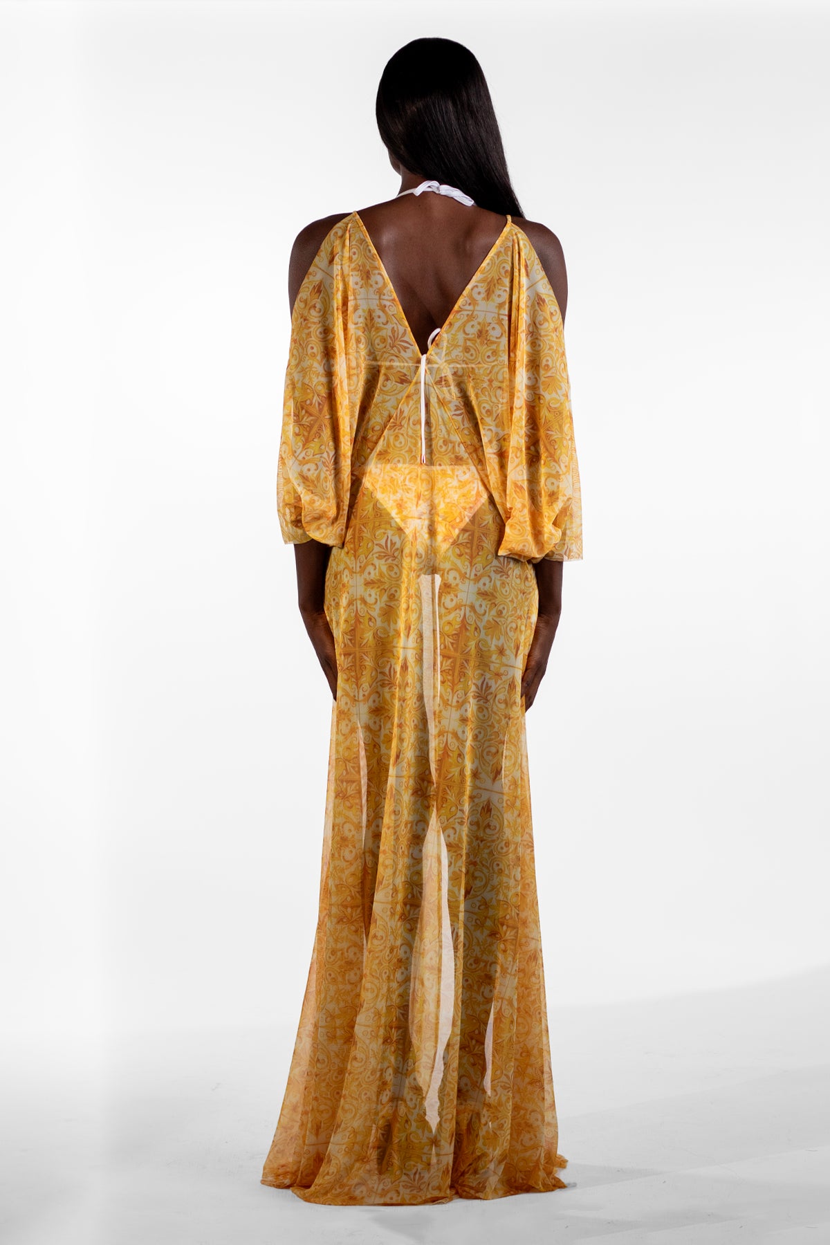 Buda Yellow Batwing Mosaic Print Long Cover-Up - BACCIO by Altamirano
