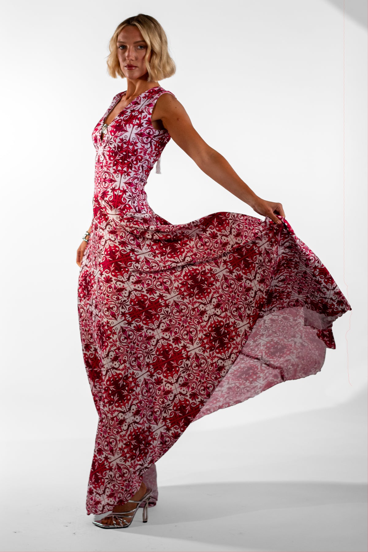 Cataleya Red V-Neck Mosaic Print Maxi Dress - BACCIO by Altamirano