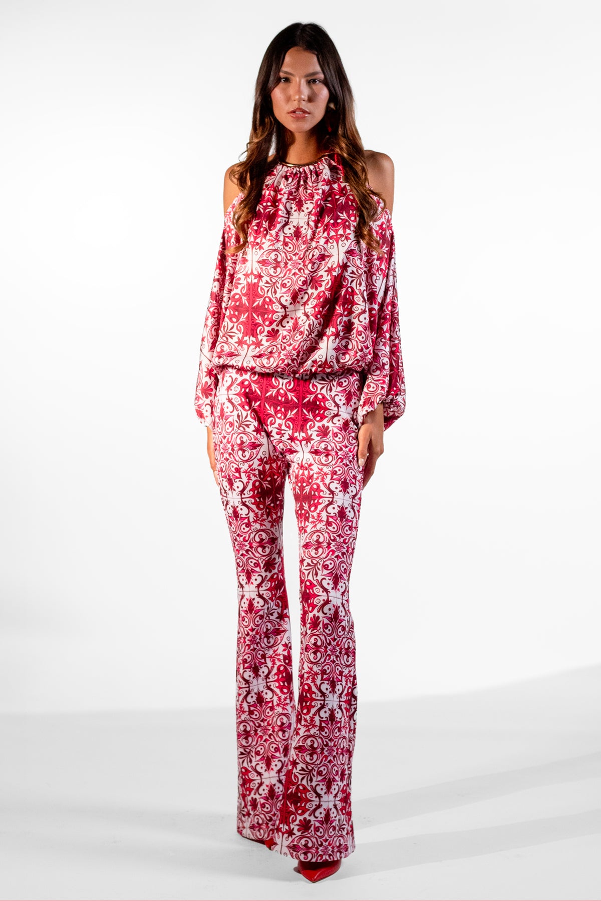 Gardenia Red Giraffe Cropped Top and Pants - BACCIO by Altamirano