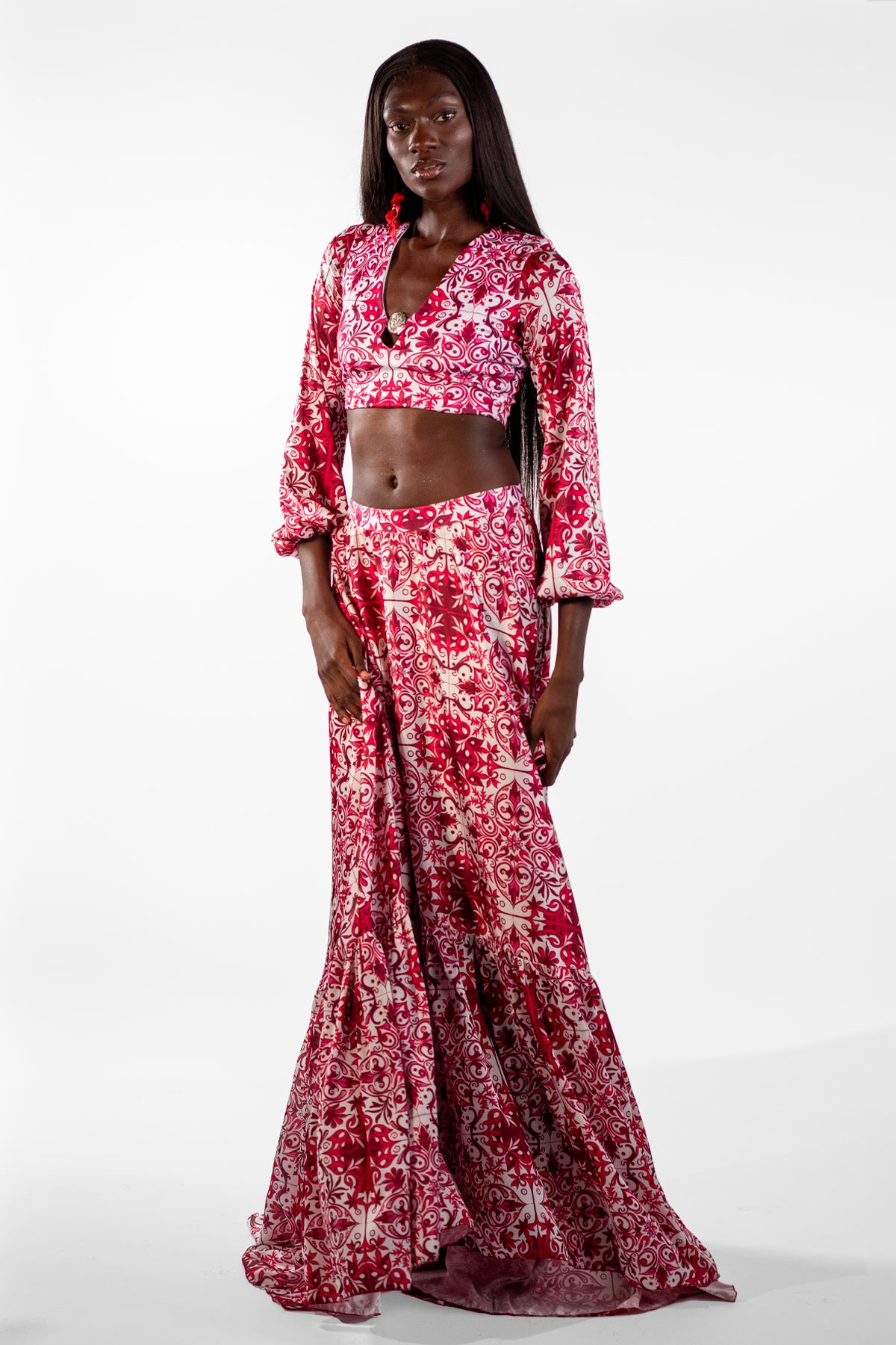 Layris Red Cropped Top Mosaic Print Maxi Skirt - BACCIO by Altamirano