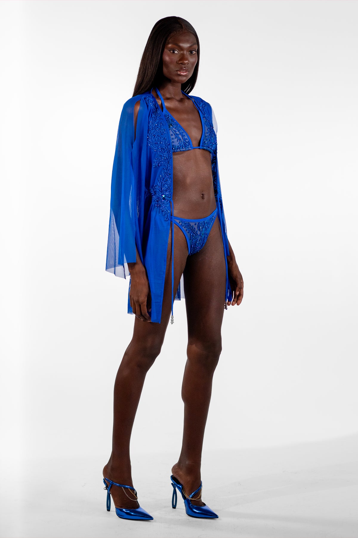 Luz Royal Blue Split Sleeve Sheer Short Cover-Up - BACCIO by Altamirano