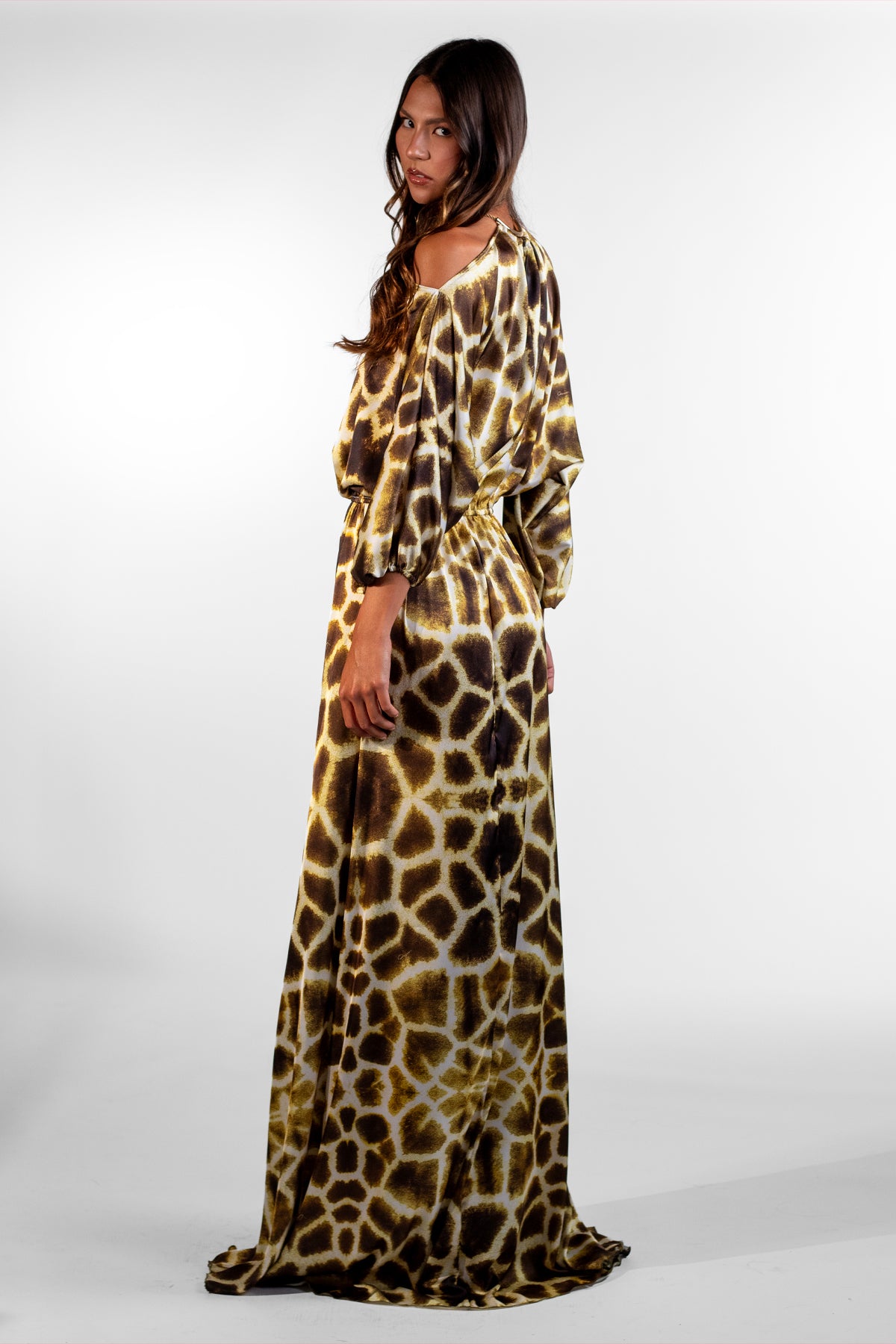 Silvia Yellow Open Shoulder Giraffe Print Maxi Dress - BACCIO by Altamirano