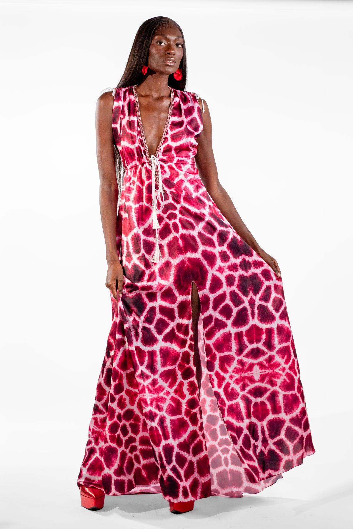 Sofia Red V-Neck Giraffe Print Maxi Dress - BACCIO by Altamirano