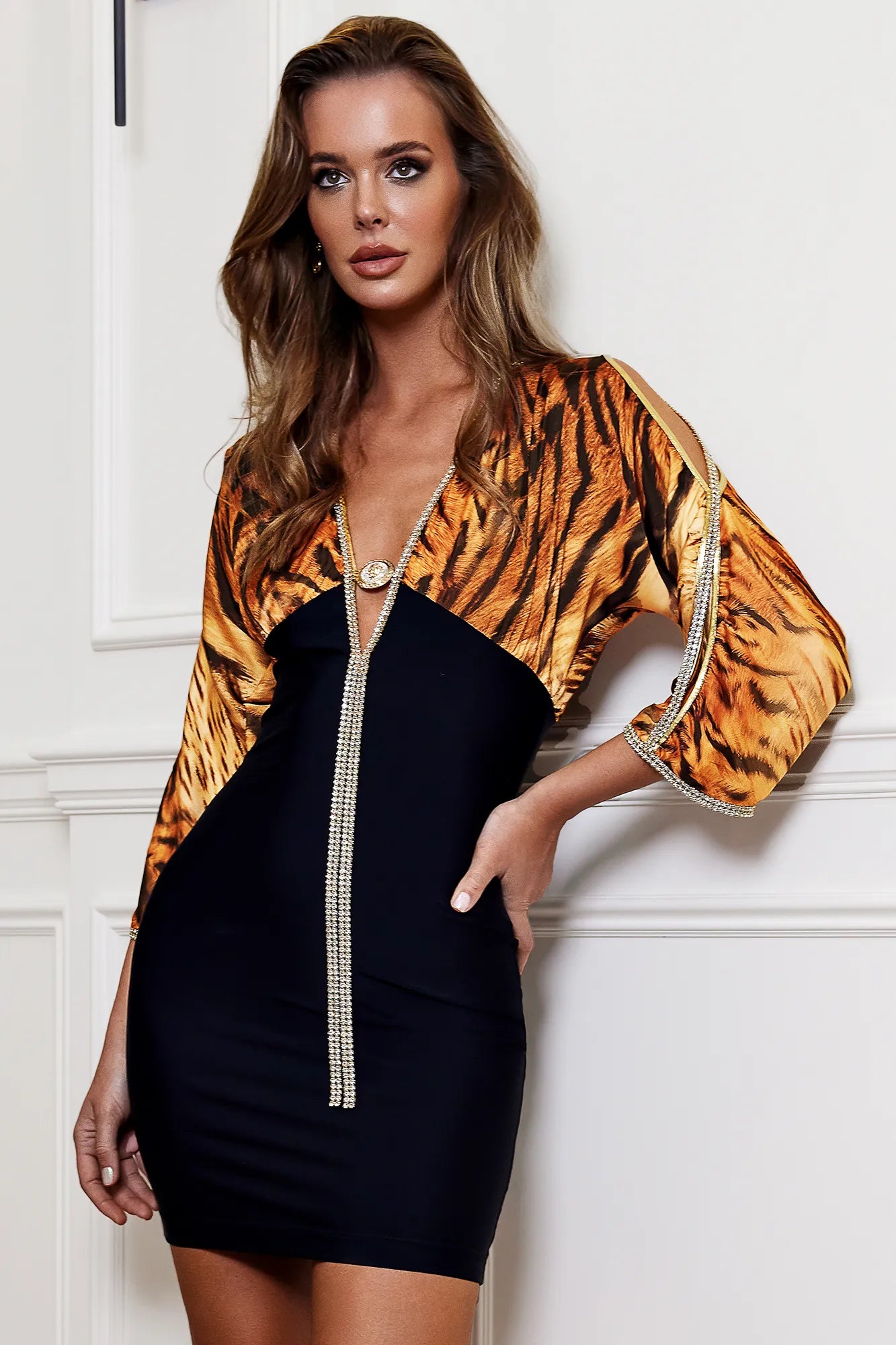Sheer tiger brown silk bandage - Short Cocktail Dress - BACCIO by Altamirano
