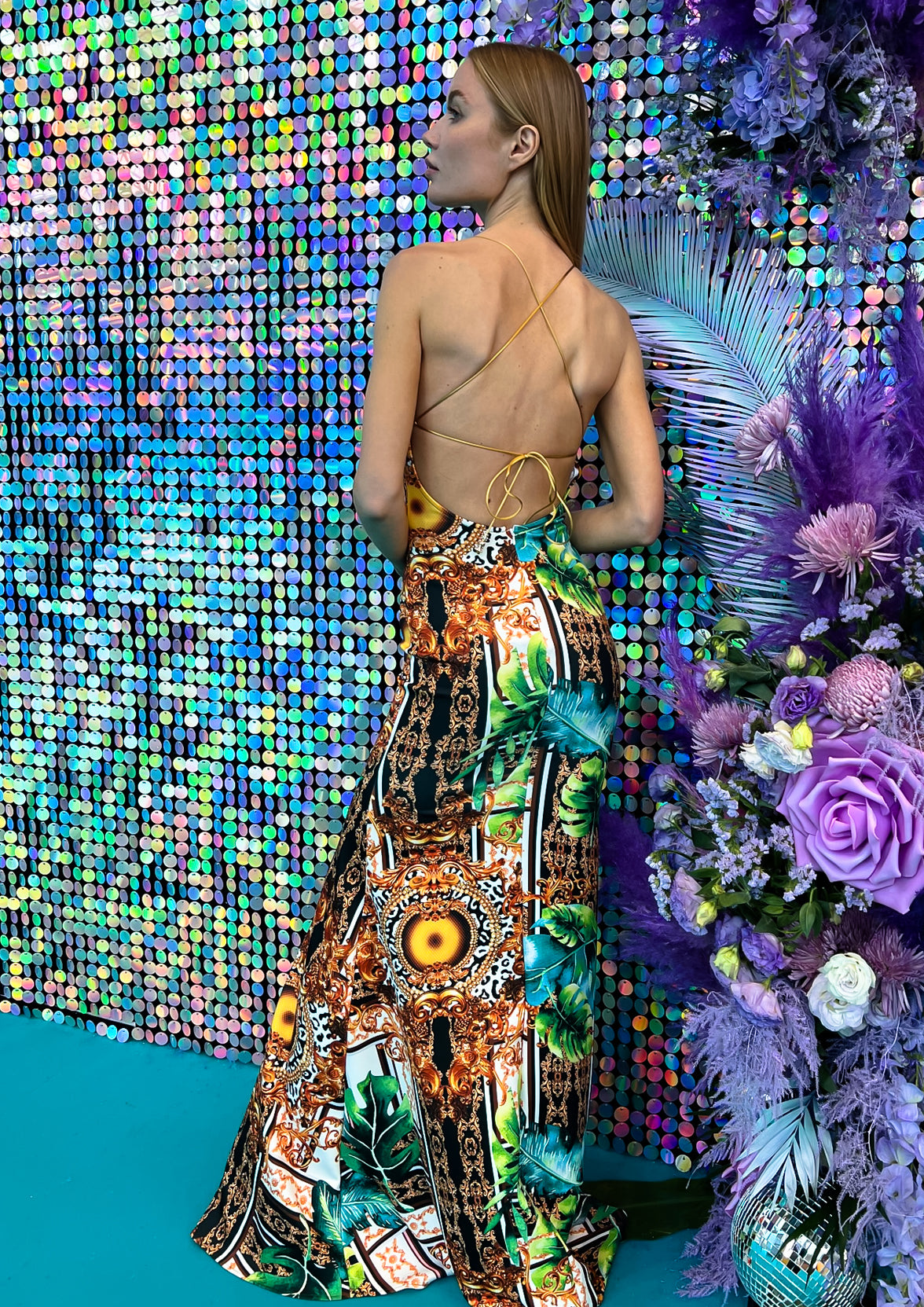 Alis Scuba Green Leaves - Long Dress - BACCIO by Altamirano