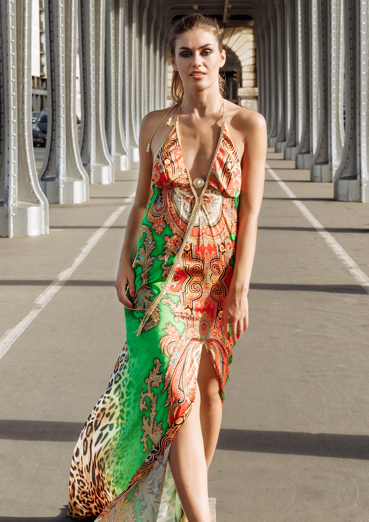 Lizi Orange Green Leopard - Long Dress - BACCIO by Altamirano