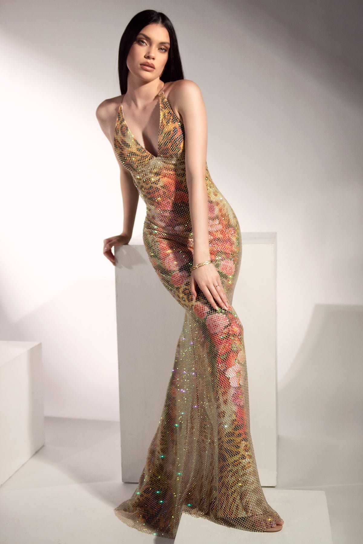 Magda Crystal Mesh Leopard Flowers Long Dress - BACCIO by Altamirano