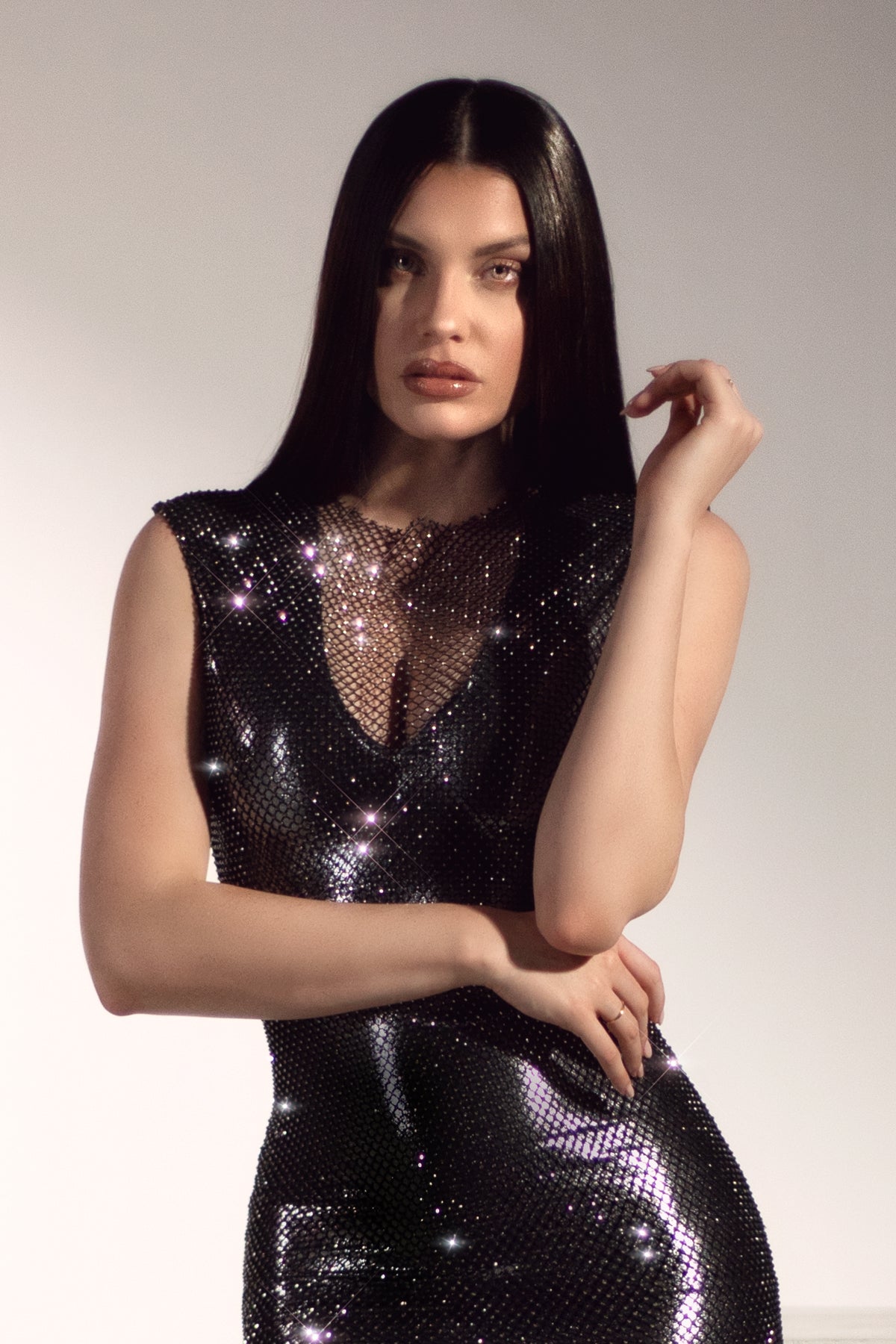 Maira Crystal Mesh Black Long Dress - BACCIO by Altamirano