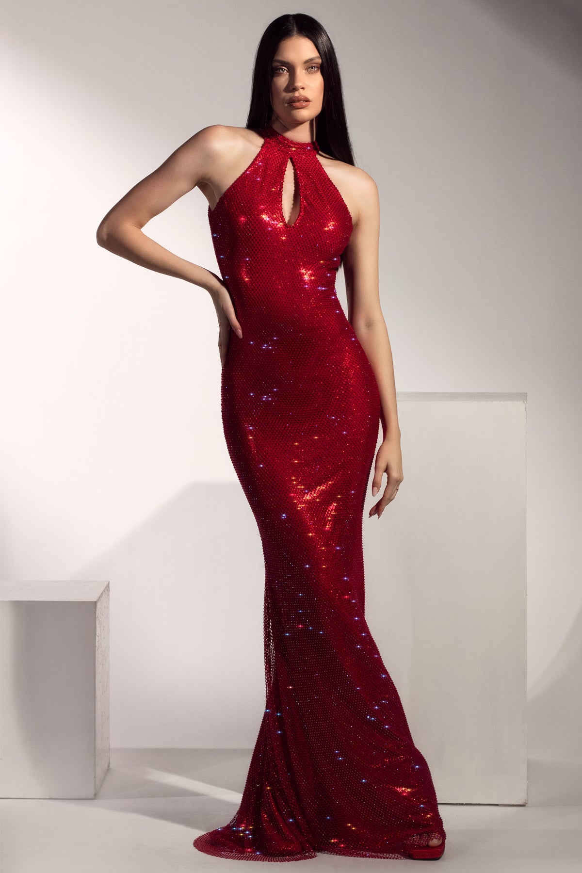 Maira Crystal Mesh Red Long Dress - BACCIO by Altamirano