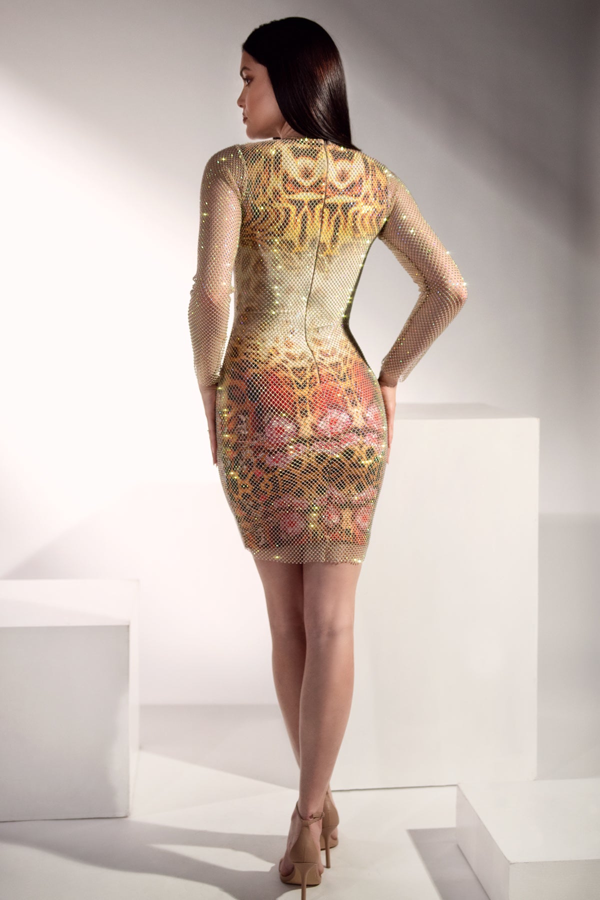 Mell Crystal Mesh Leopard Flowers Short Dress - BACCIO by Altamirano