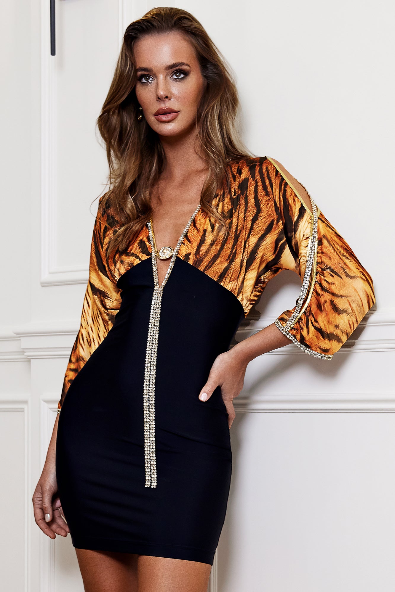 Sheer tiger brown silk bandage - Short Cocktail Dress - BACCIO by Altamirano