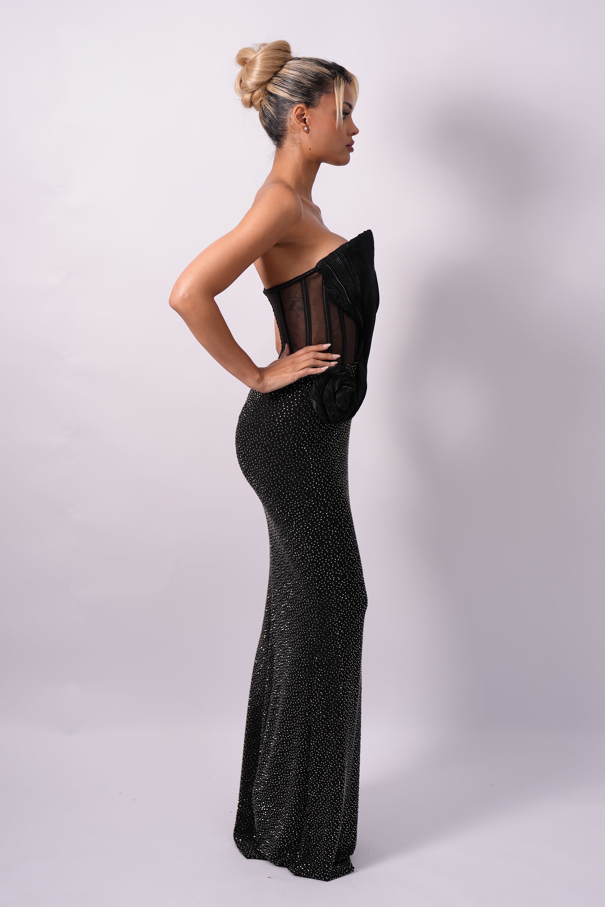 Black Crystal Mermaid Gowns with Sculptural Roses