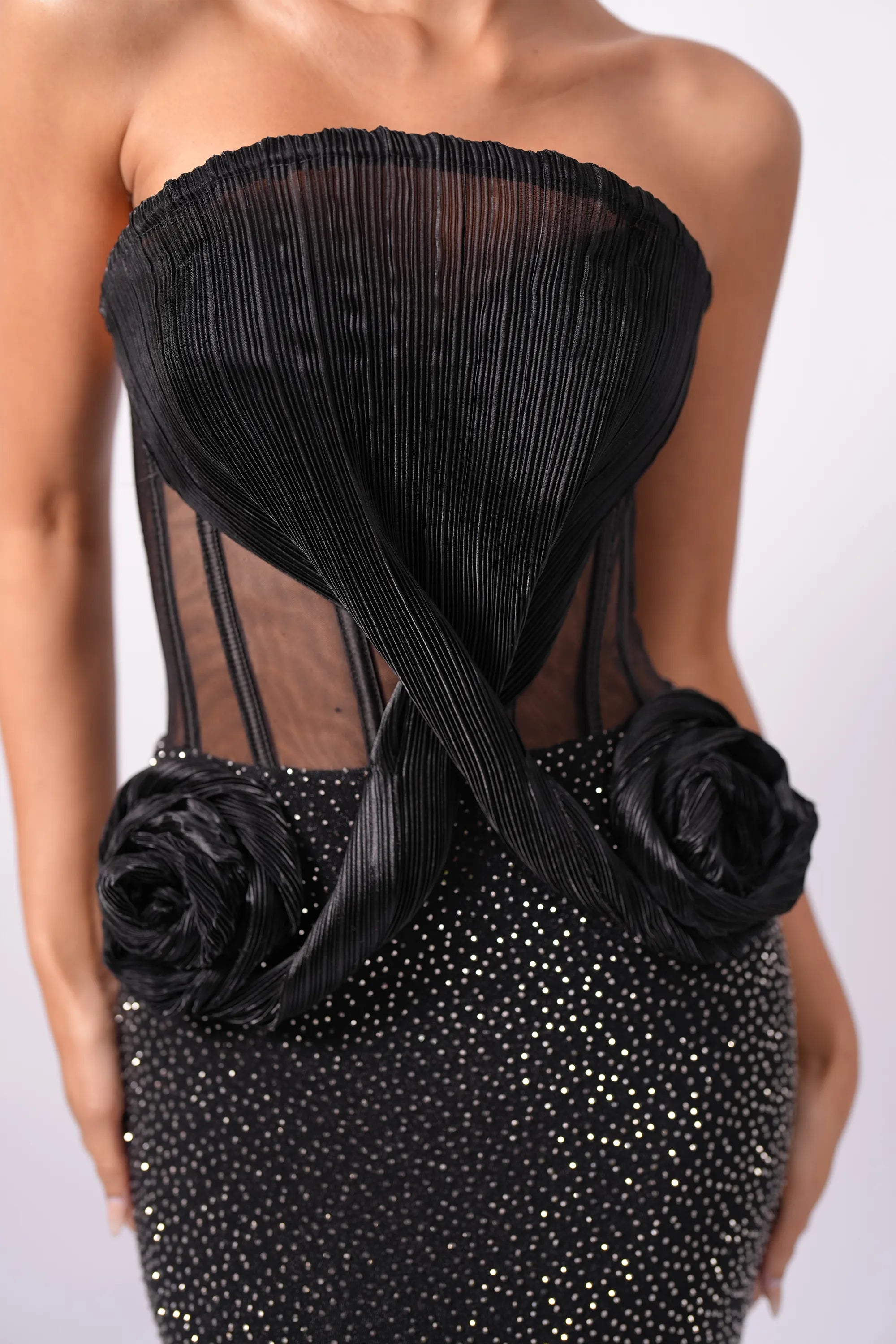 Black Crystal Mermaid Gowns with Sculptural Roses