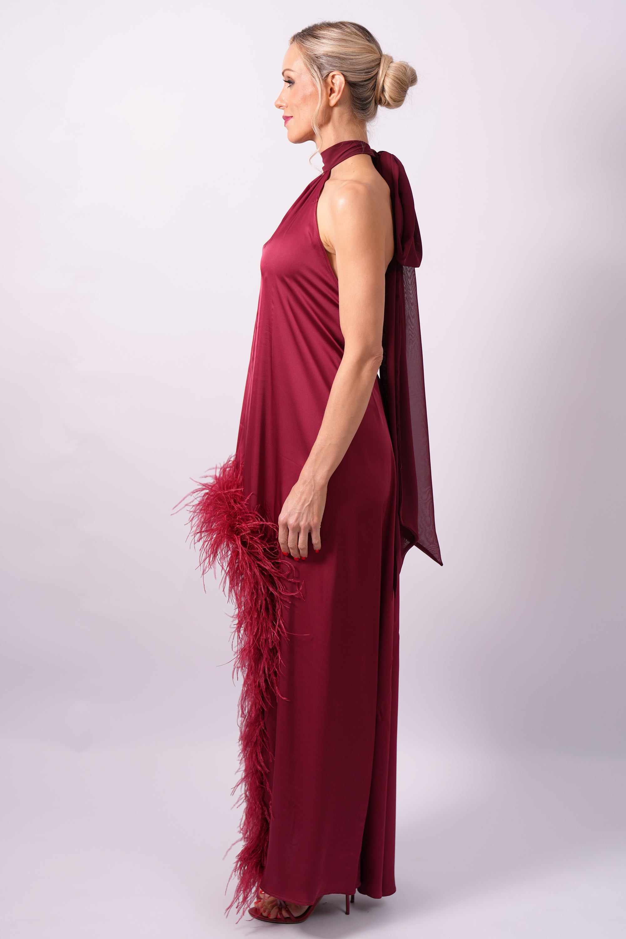 Valentina Burgundy Silk Feather Dress