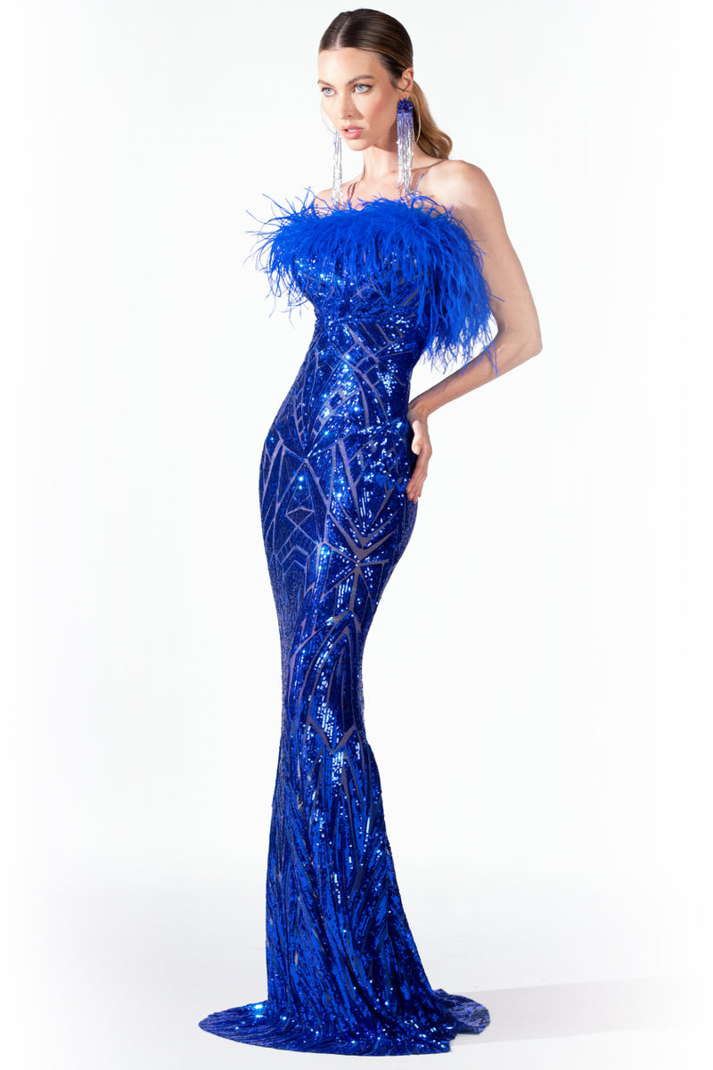 Lili Sequin Feather Long Dress Royal Blue