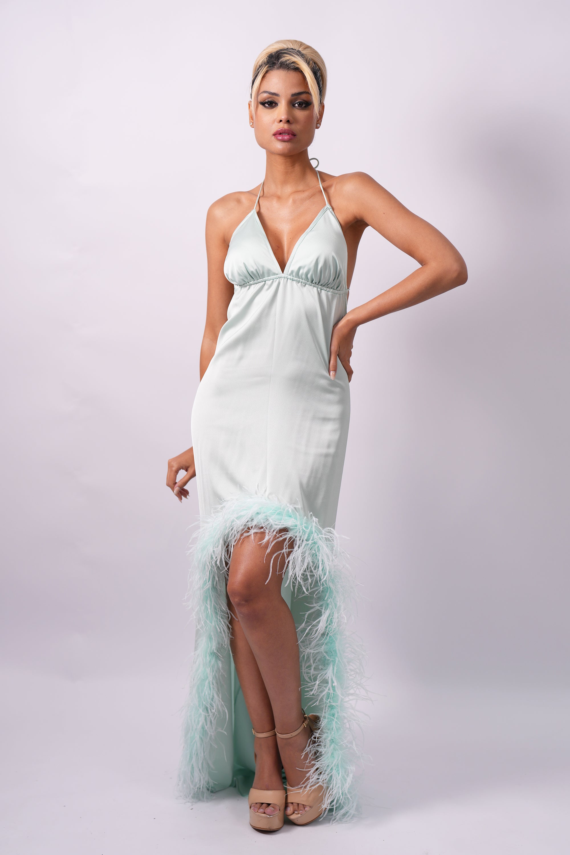 Alice High-low | Mint Silk Feather Dress