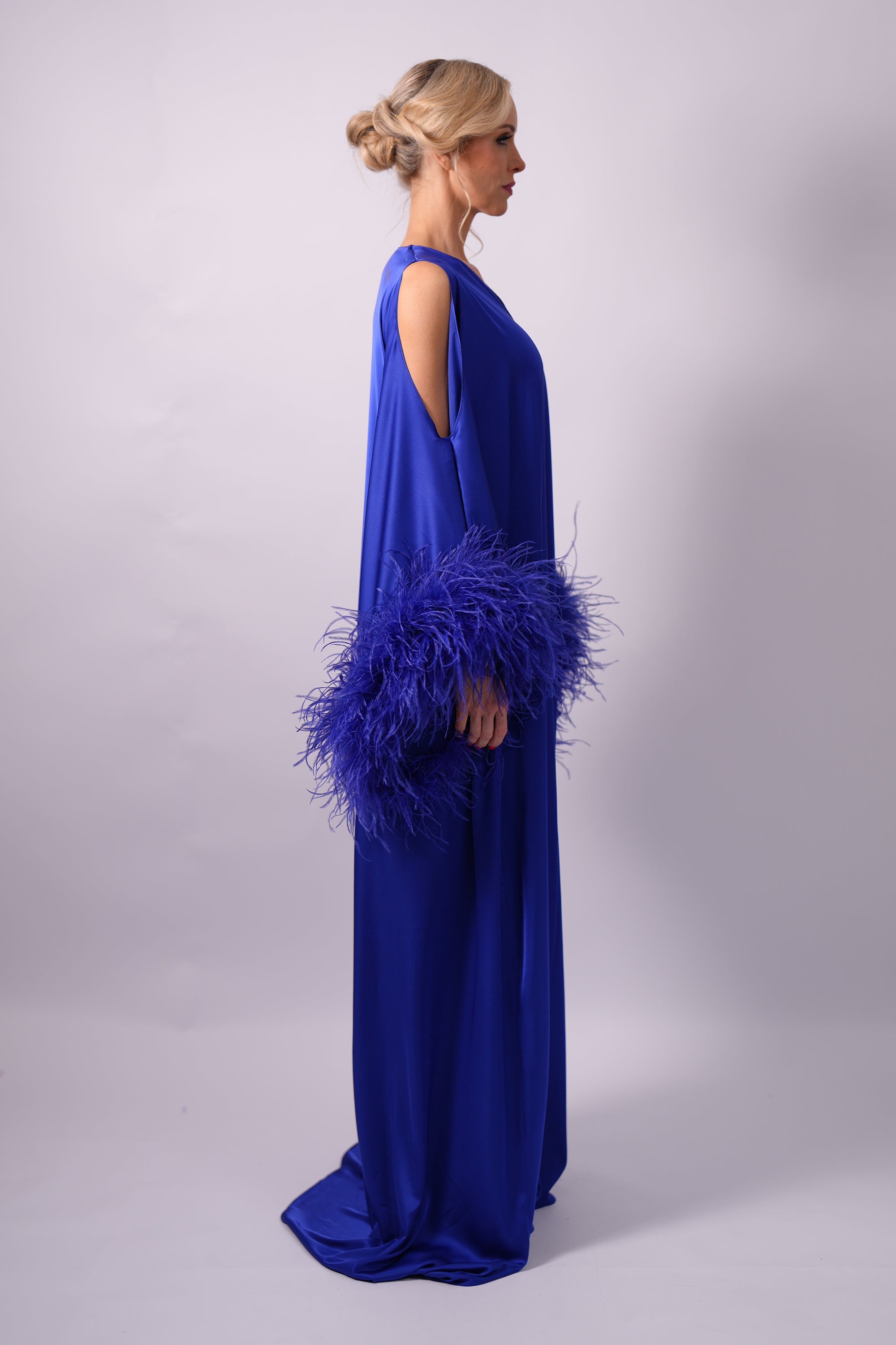 Cobalt Blue Silk Feather Kaftan Gown