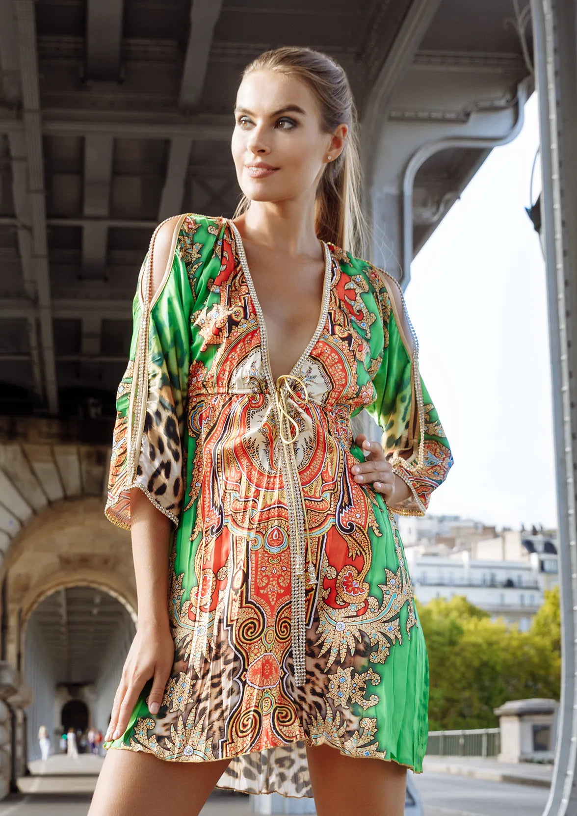 Sheer Orange Green Leopard - Short Cocktail Dress - BACCIO by Altamirano