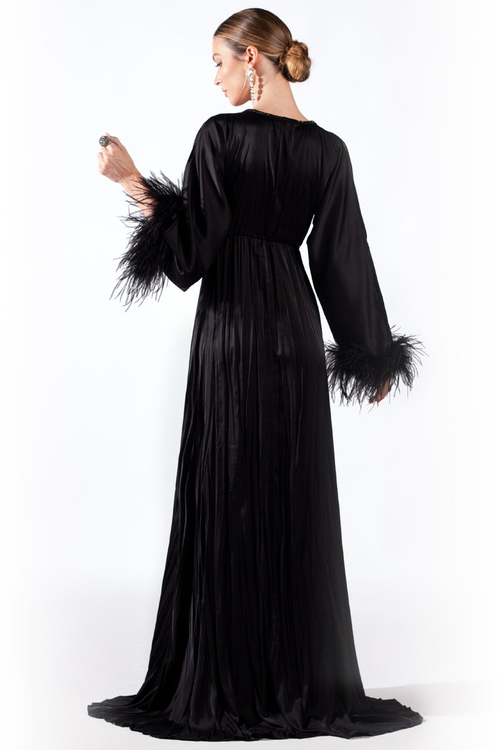 Sheer Silk Feather Long Dress Black