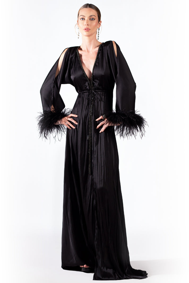 Sheer Silk Feather Long Dress Black