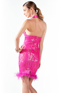 Vale Hot Pink Sequin Feather - Short Cocktail Dress