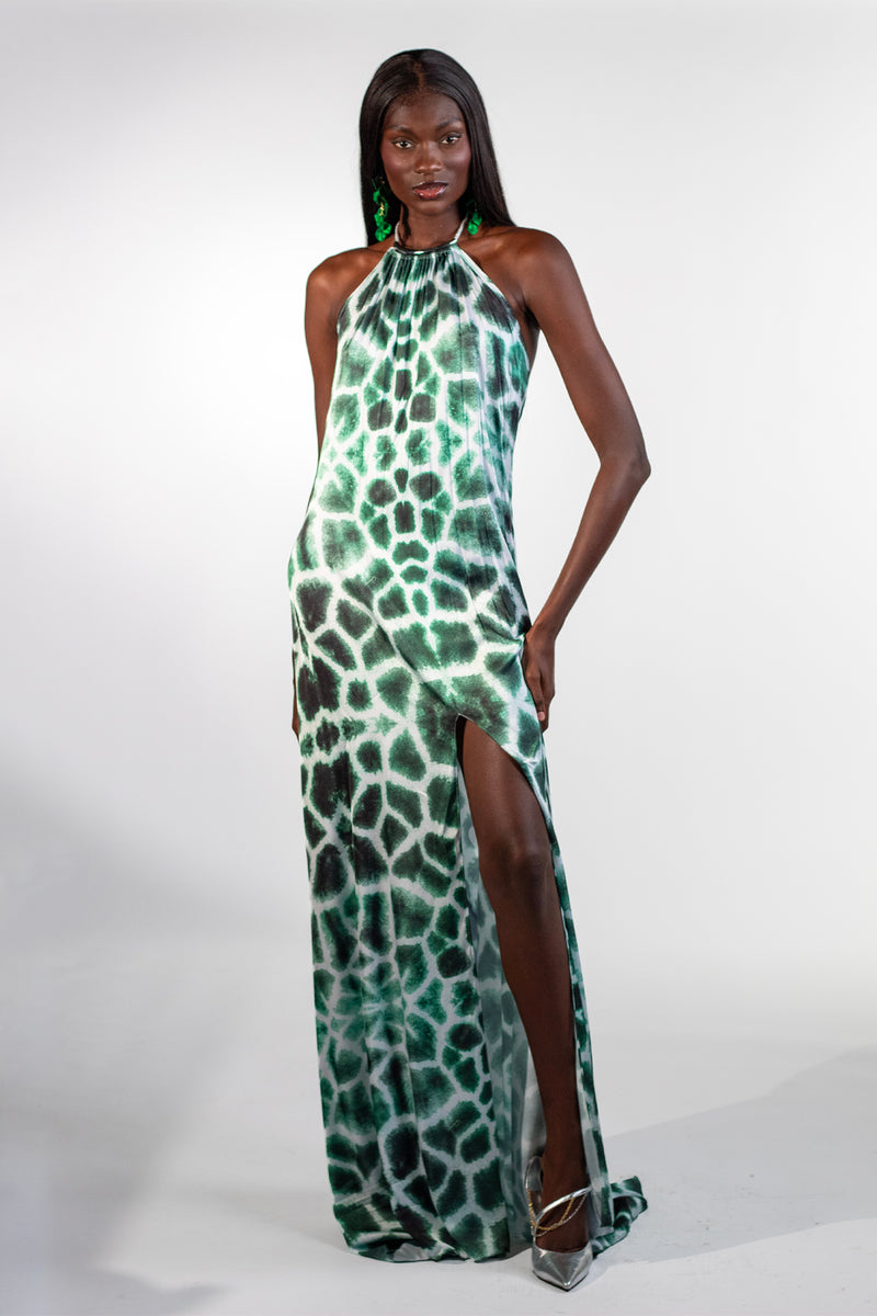 Alessa Green High Neck Giraffe Print Maxi Dress