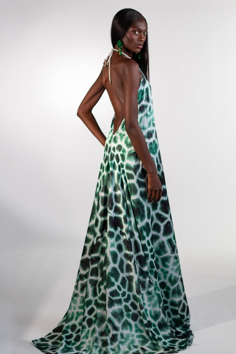 Alessa Green High Neck Giraffe Print Maxi Dress