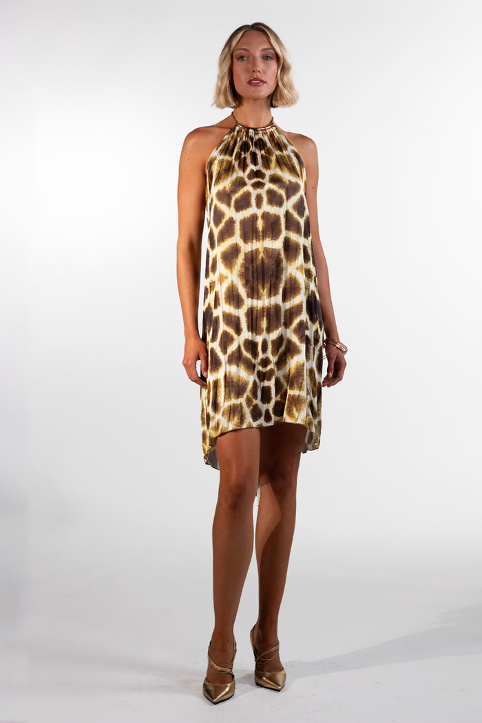 Alessa Yellow Asymmetrical Giraffe Print Short Dress