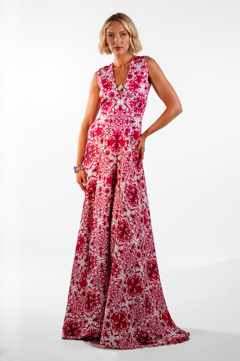 Cataleya Red V-Neck Mosaic Print Maxi Dress