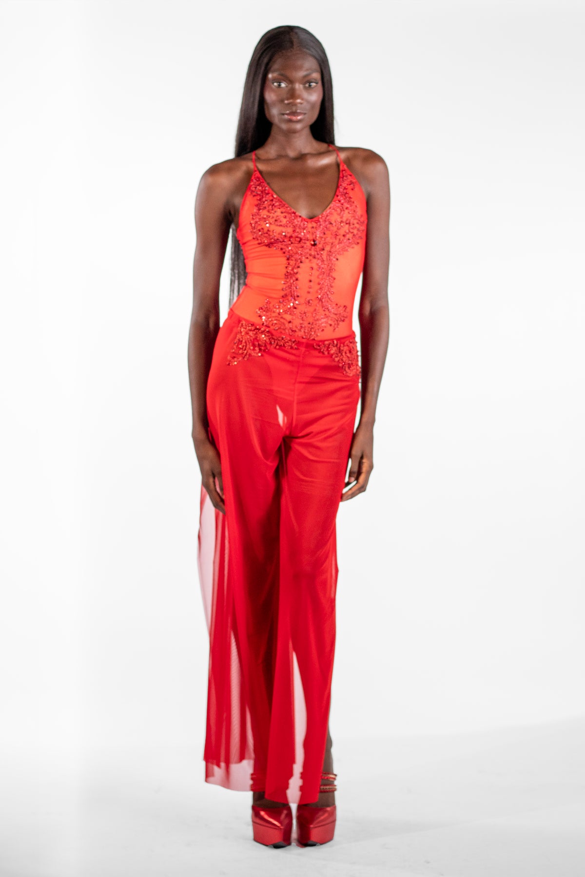 Luz Red Split Leg Sheer Long Cover-Up Pants