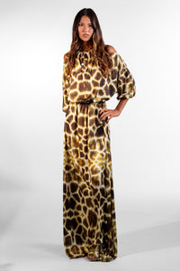 Silvia Yellow Open Shoulder Giraffe Print Maxi Dress