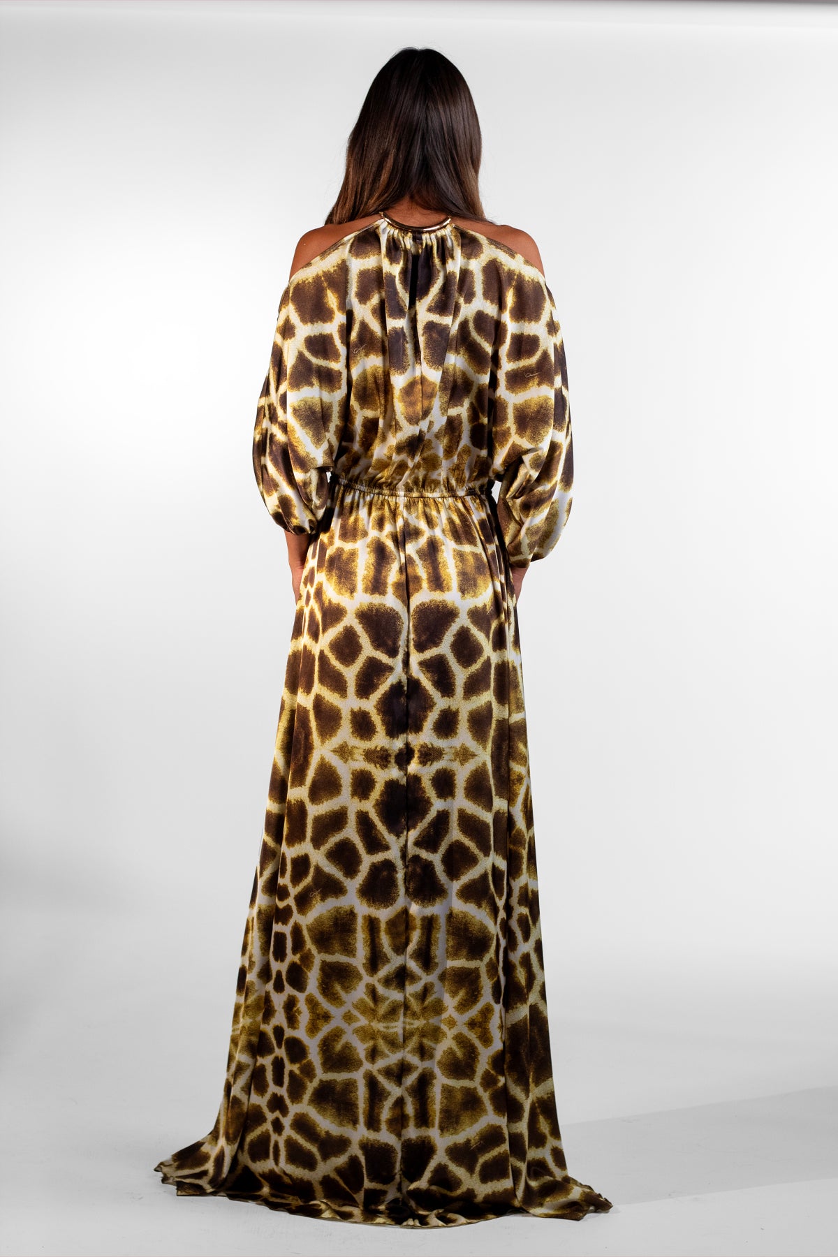 Silvia Yellow Open Shoulder Giraffe Print Maxi Dress