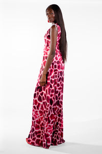 Sofia Red V-Neck Giraffe Print Maxi Dress