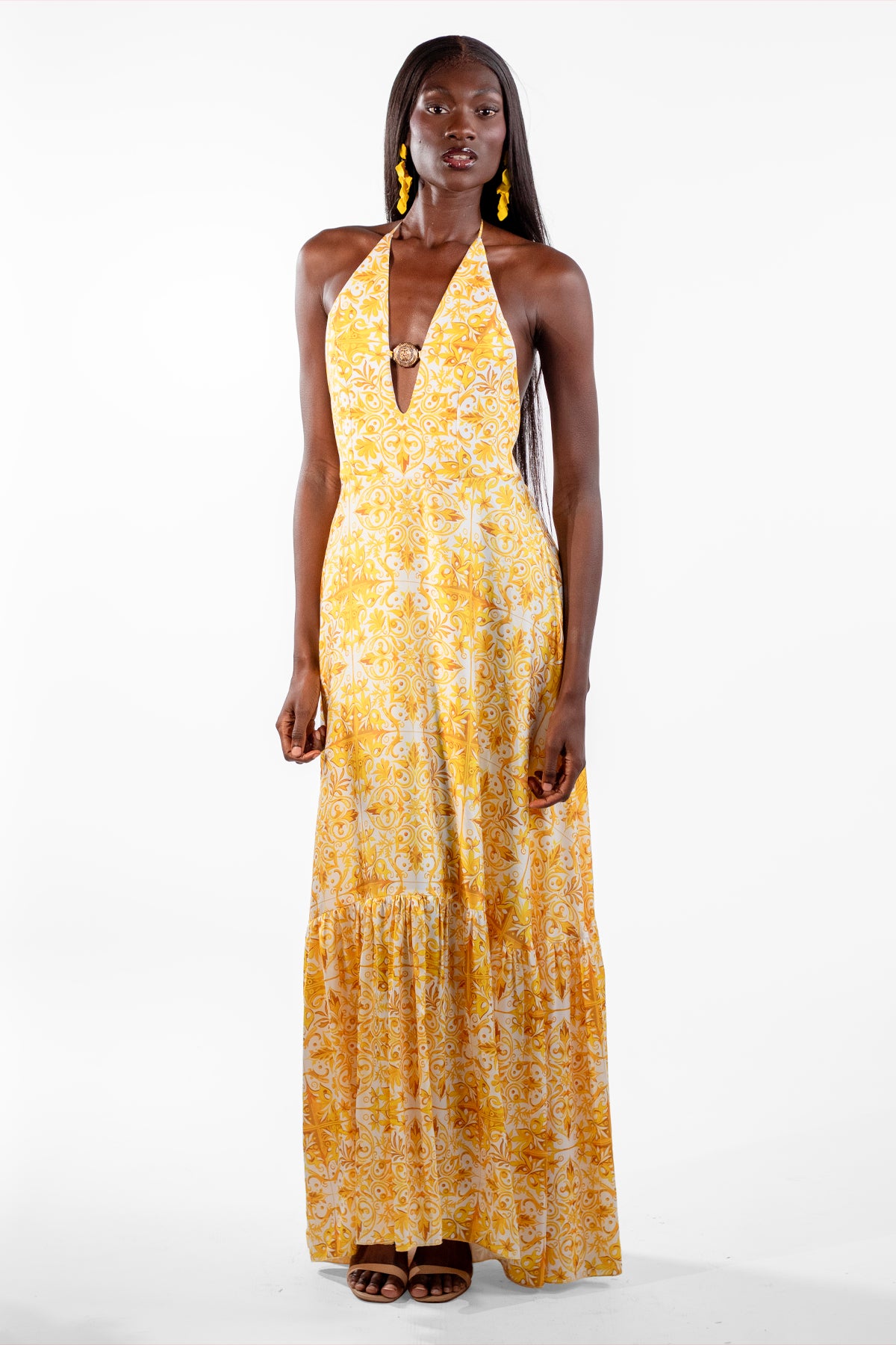 Valeska Yellow V-Neck Mosaic Maxi Dress