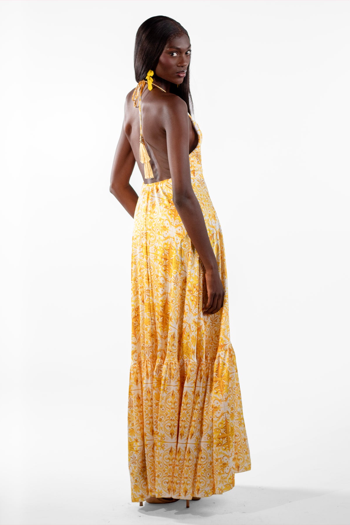 Valeska Yellow V-Neck Mosaic Maxi Dress