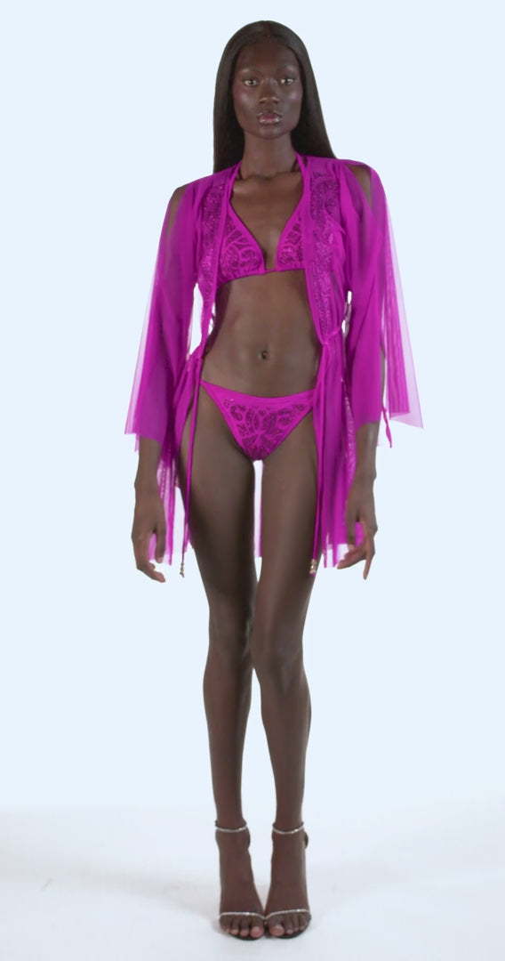 Melanie Hot Pink Split Sleeve Sheer Short Cover-Up